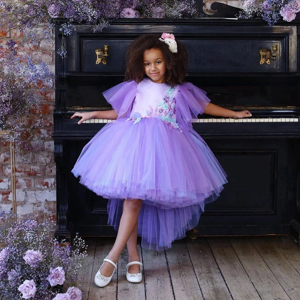 

Extra Puff Tulle Tutu Kids Brithday Dress Pretty 3D Appliques A-line Communion Gowns High Low Mesh Ruffles Flower Girl Dresses