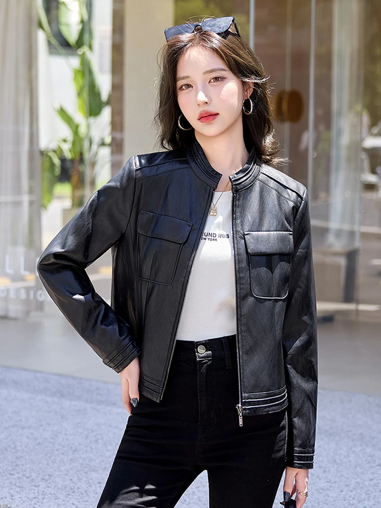 Manteau en cuir effet amincissant pour femme, taille S, nouvelle collection printemps-automne, en peau de mouton, version coréenne, coupe ajustée