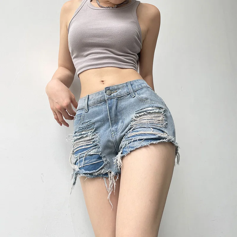 

New Styledenim Shorts For Womenwomen's 2024 Summer New INS Network Red Street Fashion Contrast Color Broken Hole Beggar Fur Edge