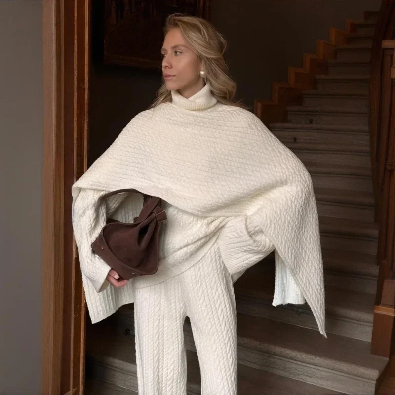 Tauxy moda malha torção terno feminino sólido manga longa pulôver elástico camisola calças compridas casual solto ternos femininos