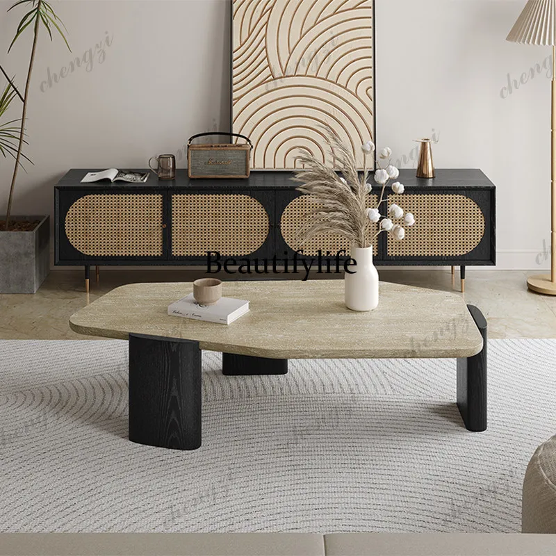 Wabi Sand wind travertine coffee table living room home modern simple light luxury solid wood creative special shape
