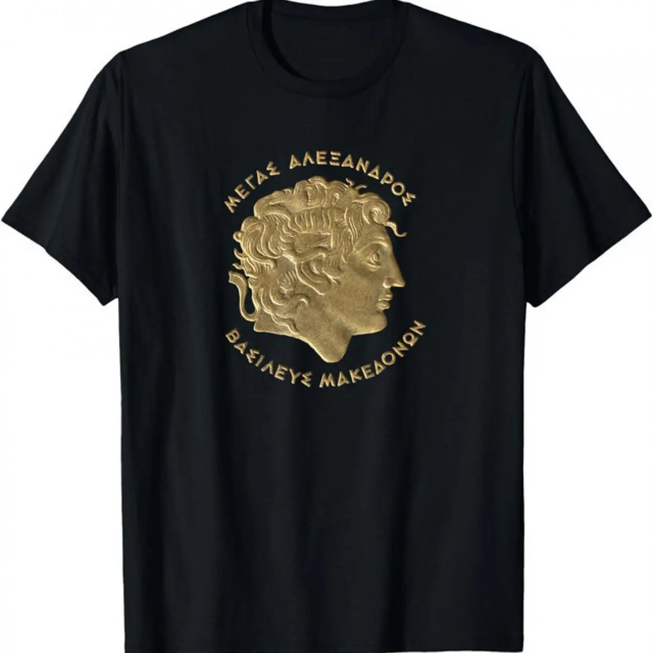 Herren-T-Shirt „Alexander der Große“ in Schwarz mit goldenem antikgriechischem Kopf, Baumwolle, lässiges T-Shirt, maschinell gewaschen, normale Passform für alle Jahreszeiten