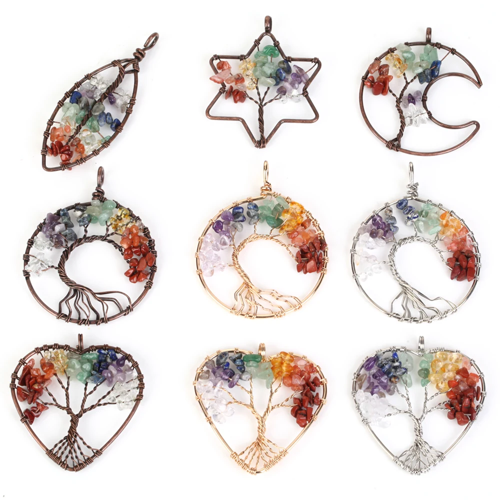 Natural Chip Yoga 7 Charka Stone Tree Of Life Pendants Trendy Creative Copper Necklace Decorative For Accessories