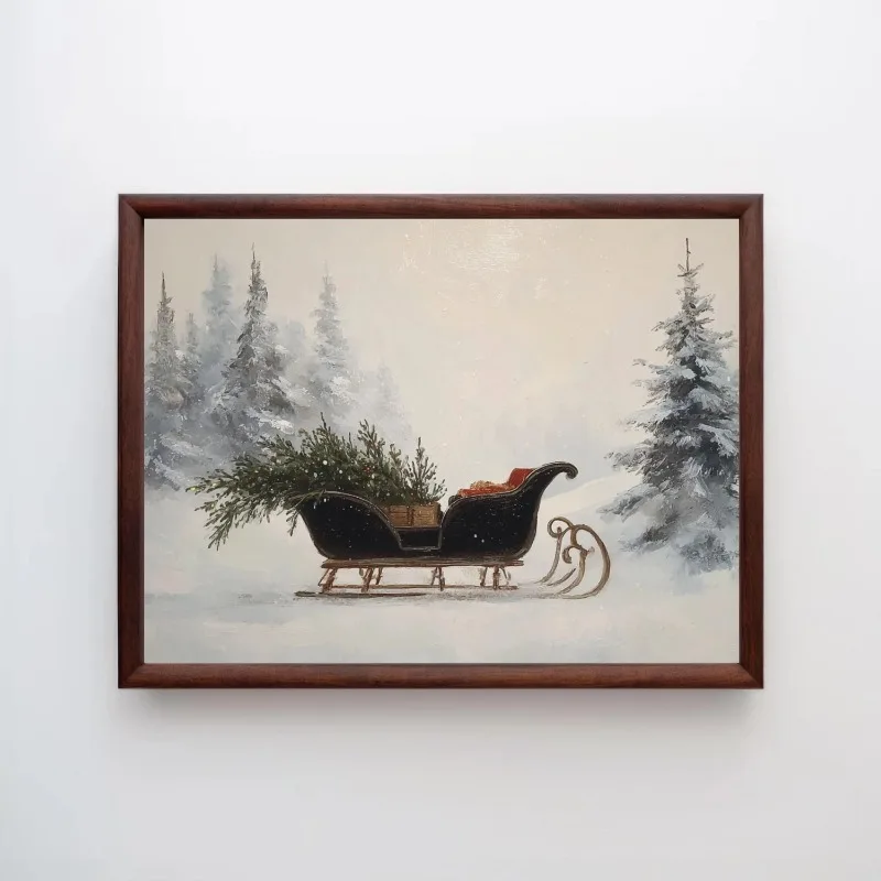 Christmas Sleigh Carrying Fir Tree in Snowy Pine Forest Print Winter Scene Unframed Canvas Wall Art for Living Room Home Decor