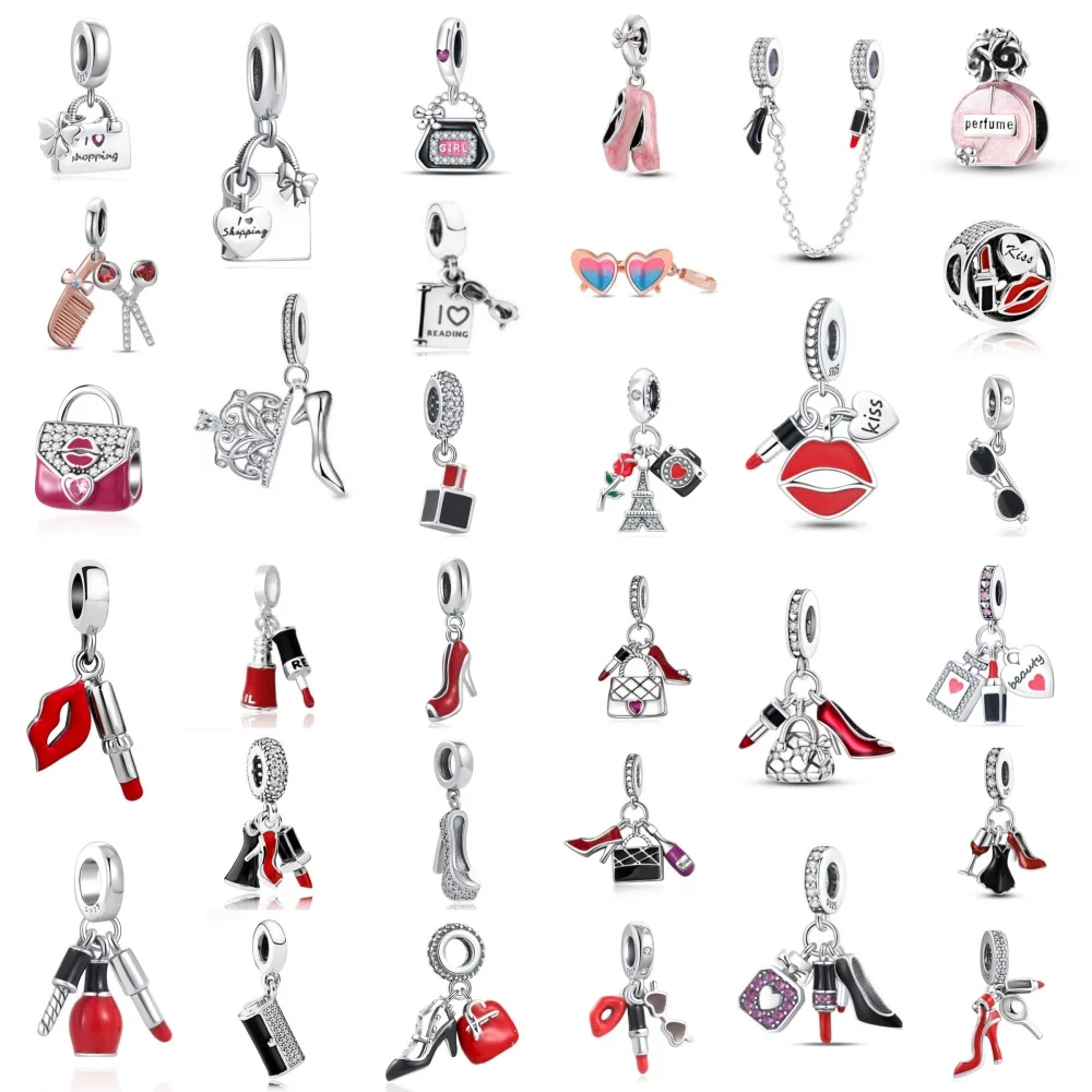 

Valentine's Day Red Lipstick perfume High Heel Shoes Dangle Charms Beads 925 Silver Fit Original Heart Bracelet Women's Jewelry