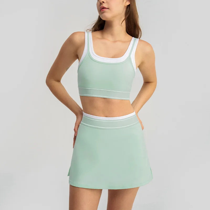 Fake two-piece contrasting white strip suspender running sports underwear bra tennis skirt yoga suit