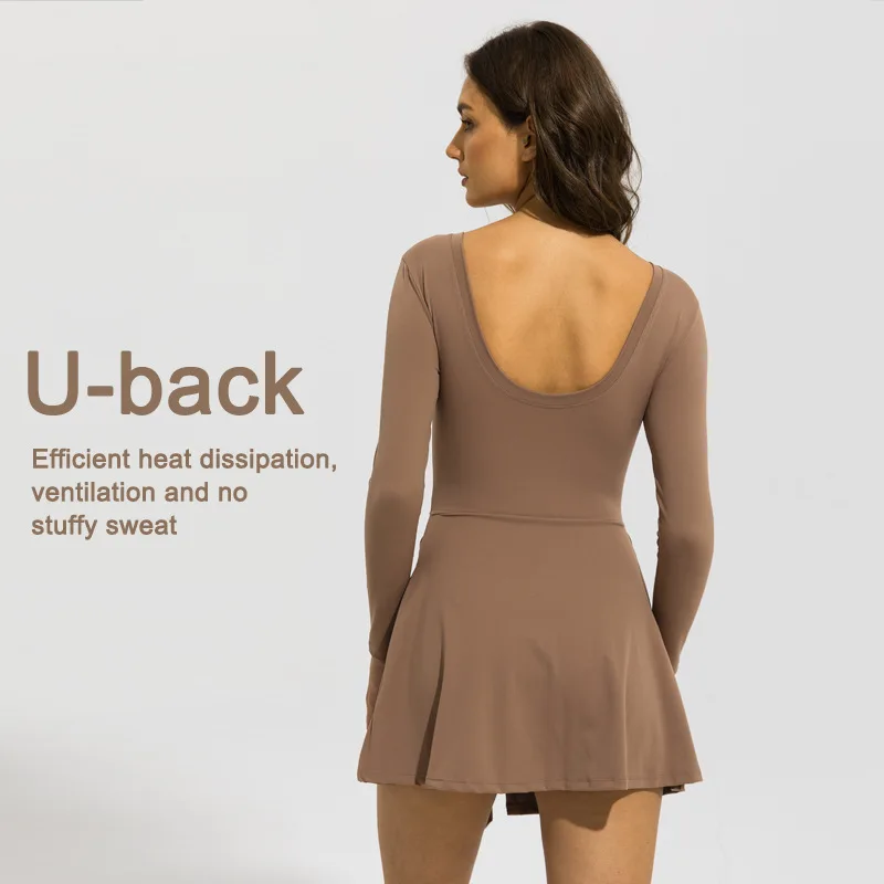 Women Long Sleeve Tennis Skirt Set with Built-in Shorts Anti See-Through Sports Outfit Long Length Athletic Top Badminton Wears