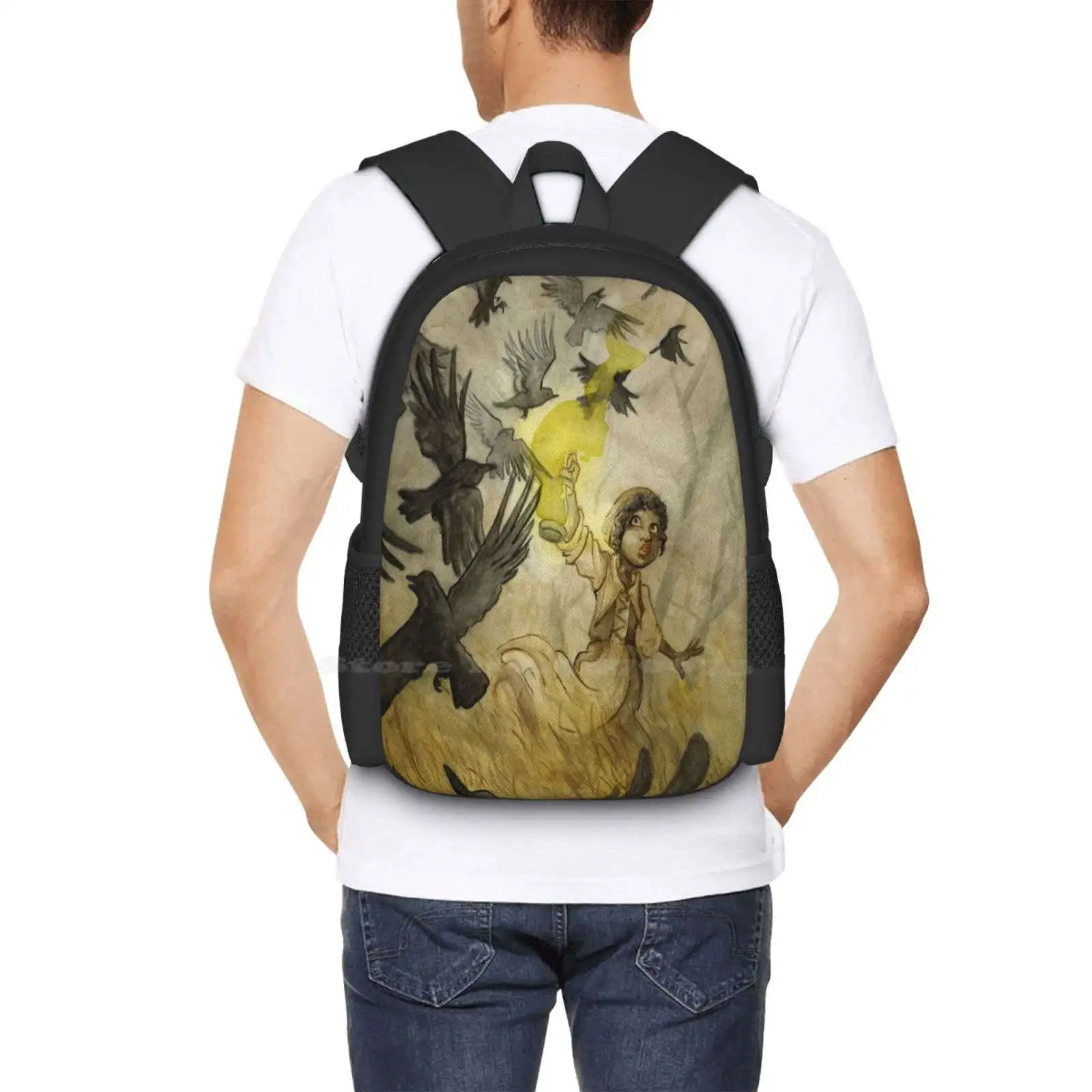 Mochila de diseño de patrón de campo de cuervos para estudiantes universitarios adolescentes, cuervo de campo, Cuervo, Urraca, pájaro, linterna, llama de fuego, niebla