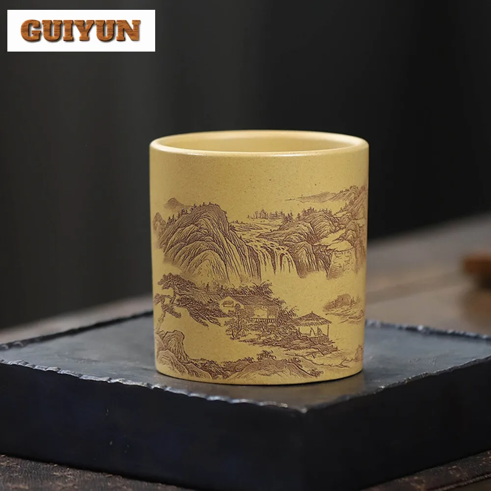 245ml Yixing Purple Clay Teacup Handmade Engraving Painting Landscape Master Cup Raw Ore Section Mud Tea Bowl Zisha Tea Set Gift