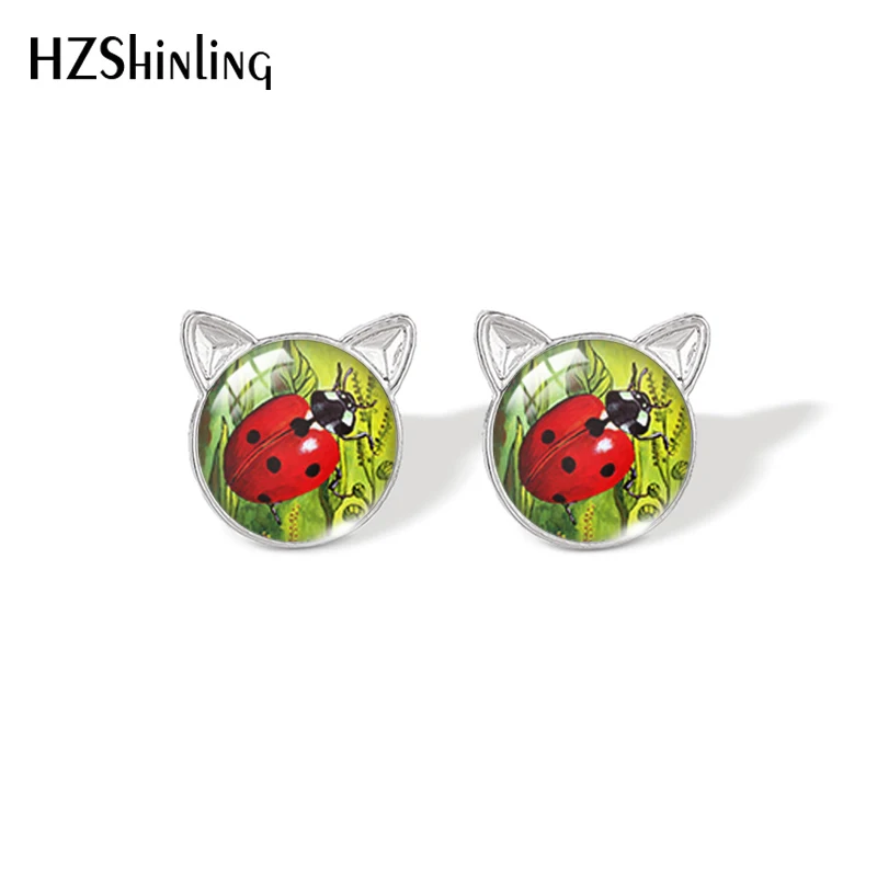 2021 New Ladybugs Stud Earring Insect Art Painting Cat Ear Earrings Handmade Glass Dome Photo Printed Jewelry Gifts Girl