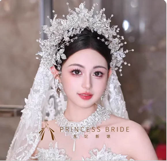 Princess bride's luxurious and exquisite wedding heavy industry crystal crown hairband and makeup dress banquet double layered h
