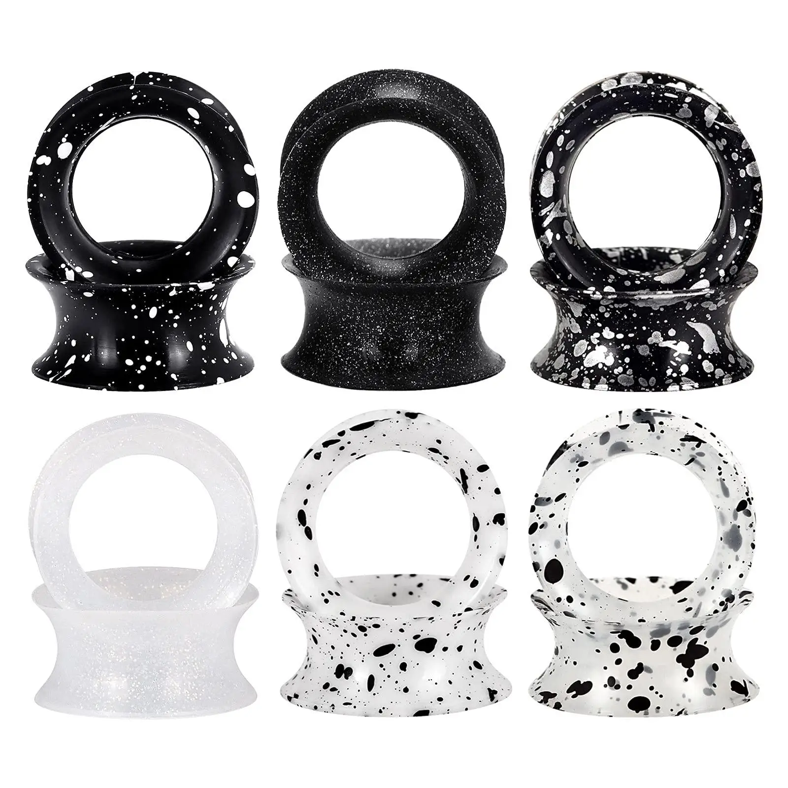1/6 Pairs Black and White Spotted Double Flared Soft Silicone Ear Expander Tunnels Gauges Plugs Stretchers Ear Piercing Jewelry
