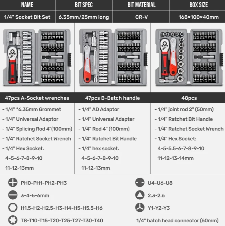 Cacciaviti a taglio per riparazioni auto e utensili manuali Set di punte e cricchetti a sgancio rapido da 1/4", acciaio Cr-V con Phillips