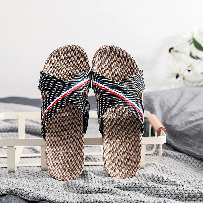 Mnterrm New Style Slippers For Summer Home Men And Women Summer Linen Lovers Home Soles Anti-Slip Indoor Sandals Women Summer