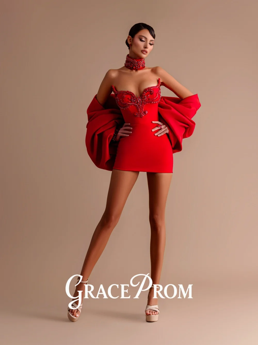 

GraceProm Vibrant Beaded Off Shoulder Evening Dress 2026 Carpet Gown Sleek Bodycon Above Knee Party Gown فساتين سهرة