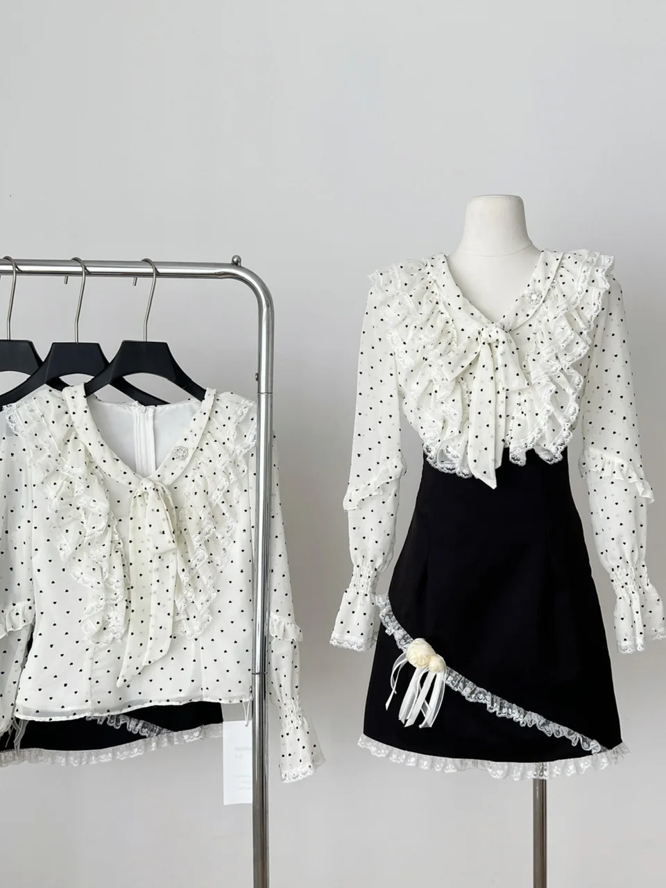 Ele – ensemble deux pièces avec nœud papillon à pois, taille haute, jupe cintrée, tenue d'hiver pour femmes, haut français Sle Bot