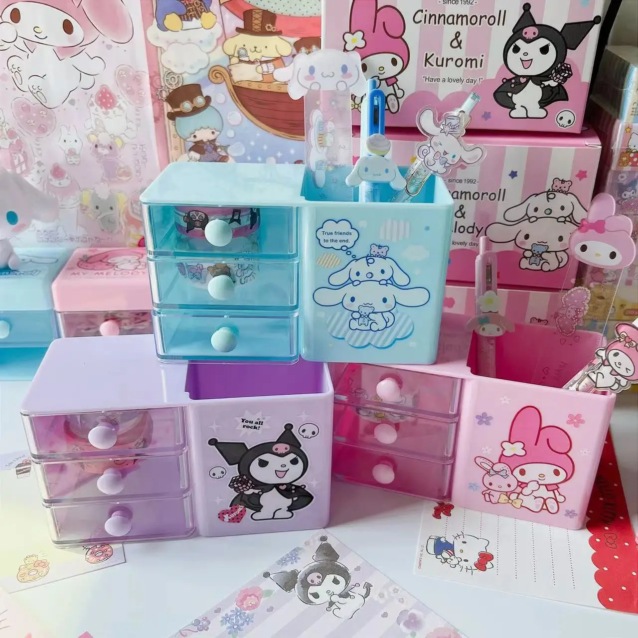 

Anime Sanrio Desktop Cinnamoroll Kuromi Desk Office Supplies Container Pen Holder Pencil Cup Pot Makeup Brush Holder Mini Box