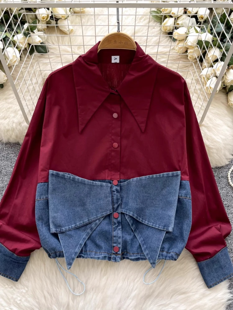 

Korean Fashion Blouses Denim Patchwork Bow Tops Turn Down Collar Lantern Sleeve Shirts Casual Loose All Match Women's Clothing