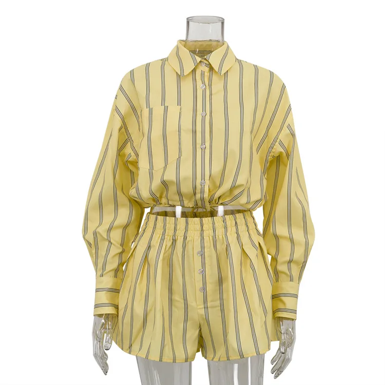

Shpmishal Spring Women Striped Shirt Set Long Sleeve Lapel Blouse with Shorts Casual Two Piece Outfit Korean Style Loungewear