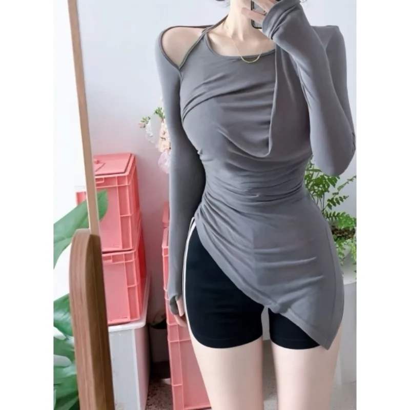 Casual Long Sleeve Slim Fit Shoulder Bared Design Women's T-shirt Korean Style Polyester Fabric Regular Thickness  Color