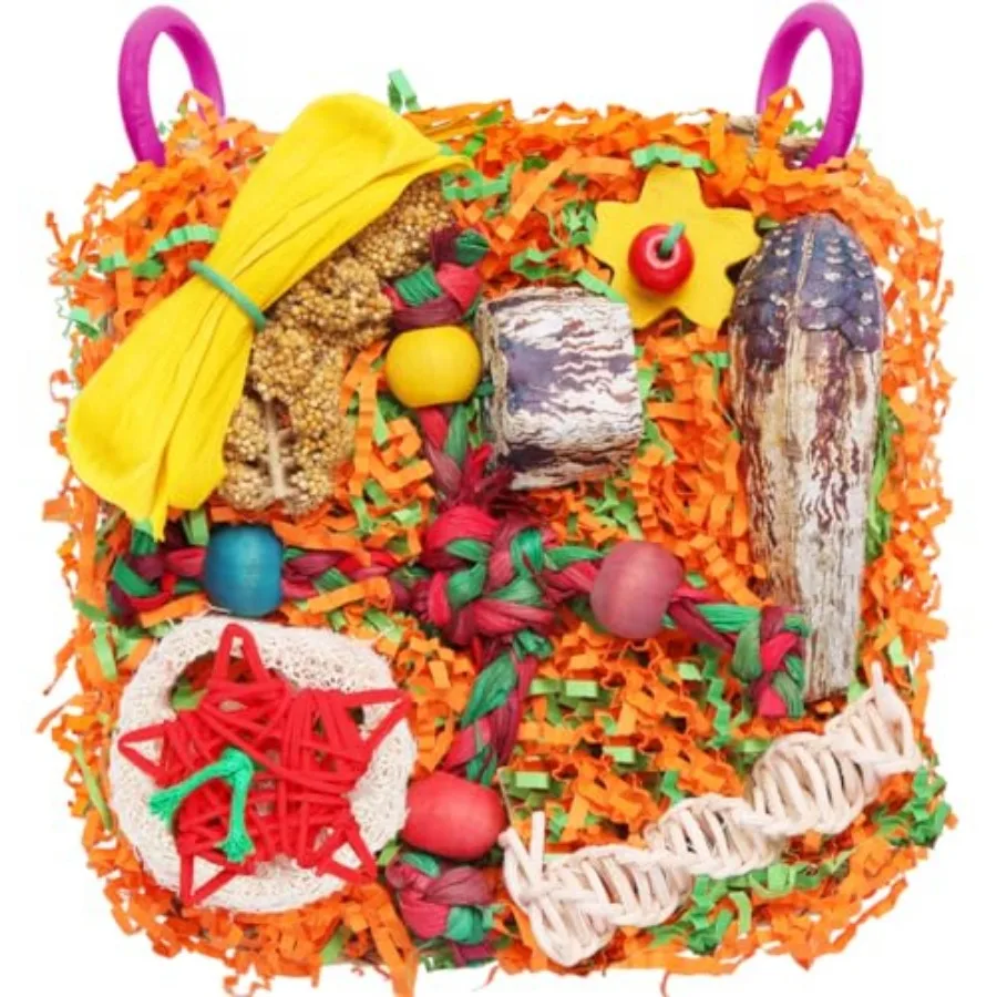 

Bird Toys for Small and Medium Parrots - tural Foraging and Shredding Cage Hanging Toys with Seagrass Mat Starfruit Loofah Slic