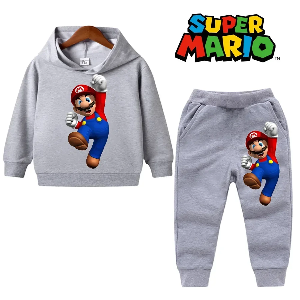 uper Mario Bros Boy Girl Hoodie Suit Spring Autumn Kids Hooded Sportswear Setspants Boys Pokemon Clothes 2-14 Years Children\'s