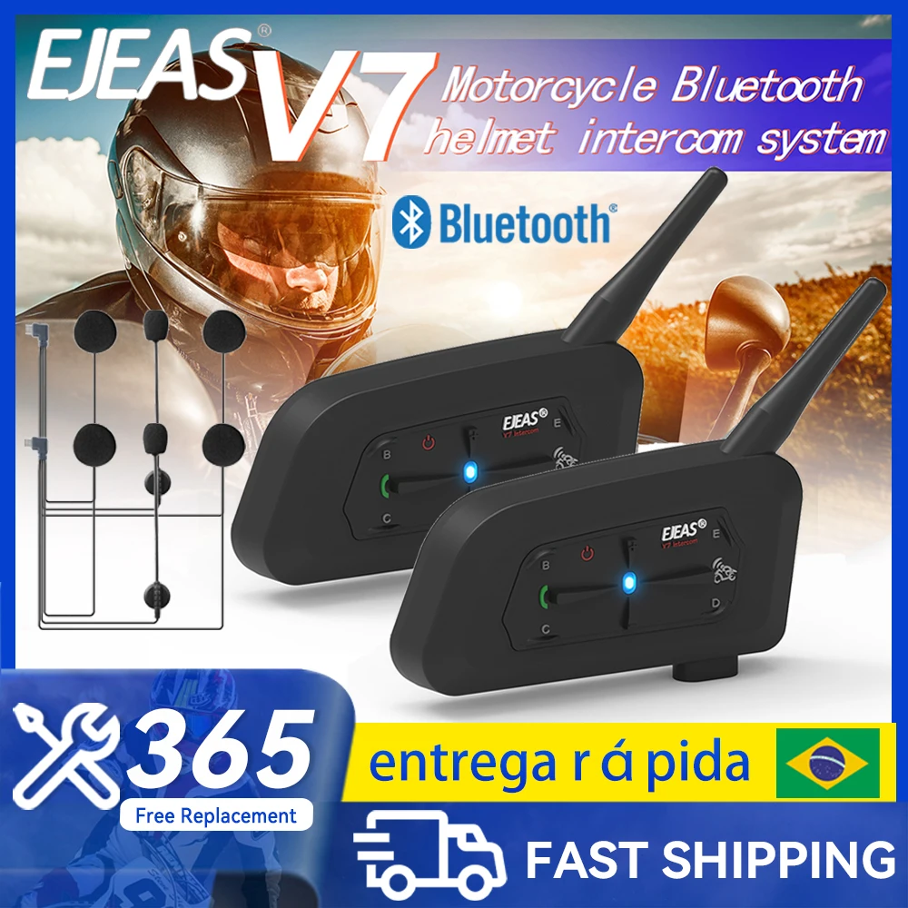EJEAS V7 Motorcycle Helmet Walkie-talkie Bluetooth 5.1 Waterproof IP65 Communicator Noise-canceling Earphones for 7 People Rider