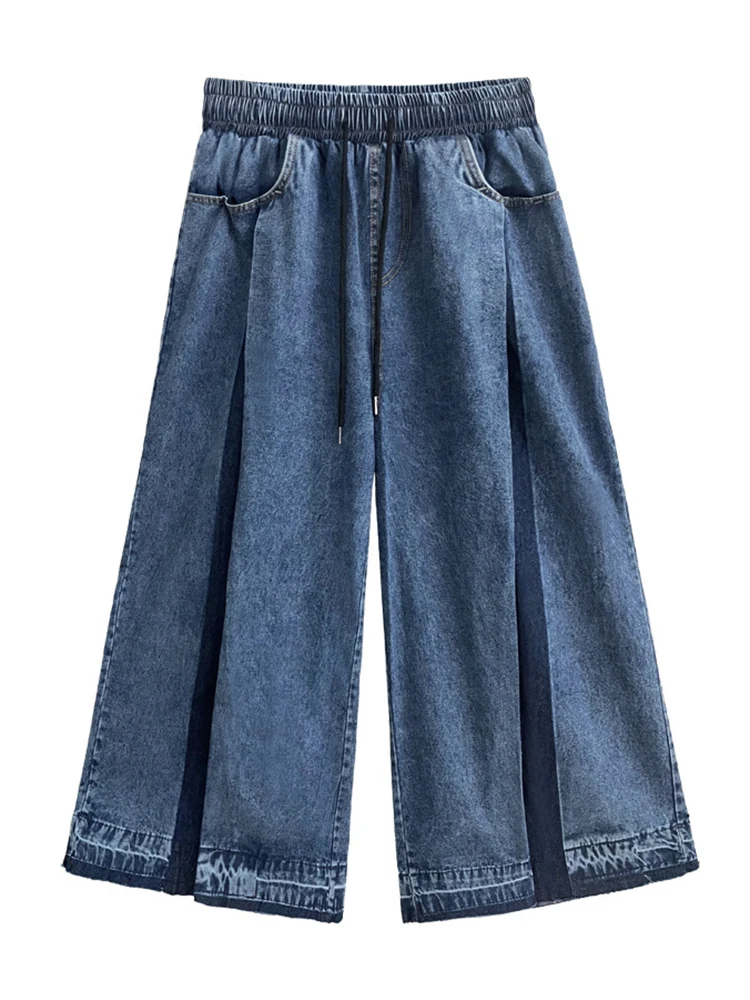 SHENGPALAE Kleurblok Jeans Vrouwen Vintage Stijl Elastische Taille Losse Veelzijdige Nieuwe Vrouwelijke Casual Denim Wijde Pijpen Broek 5C1515