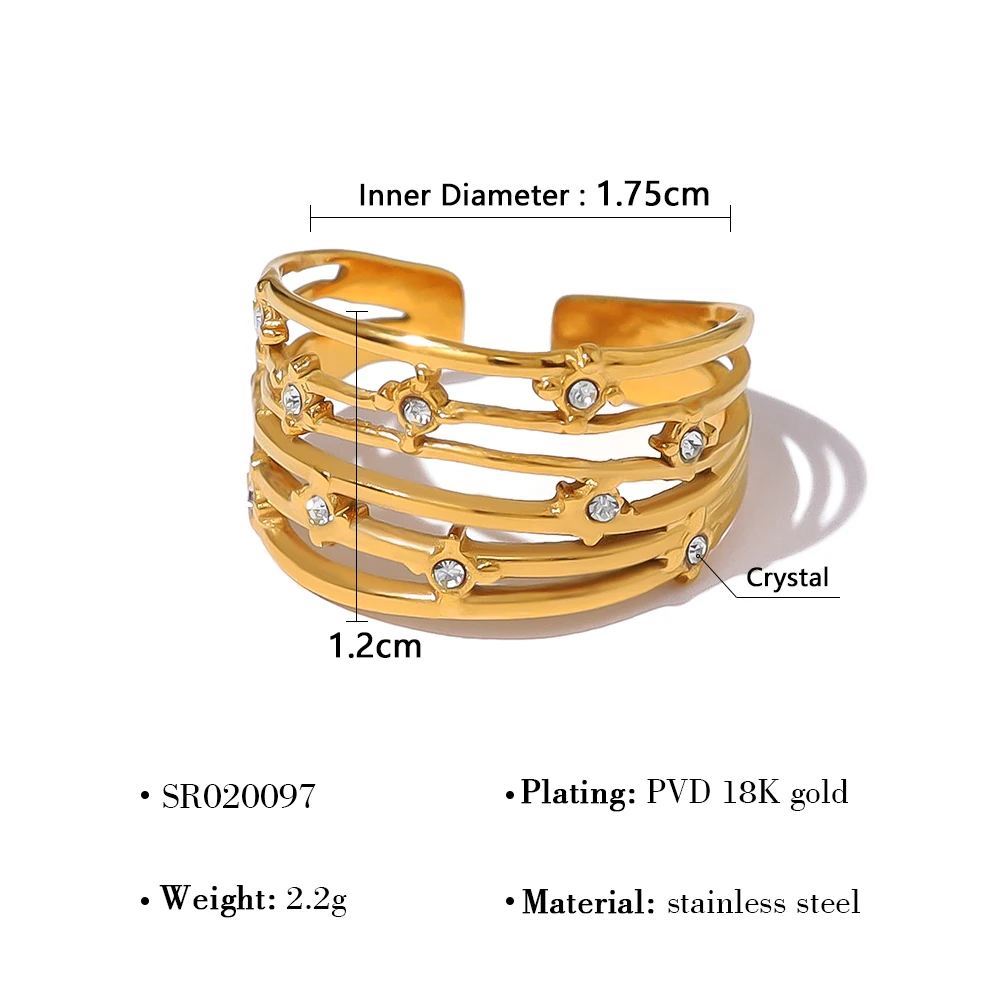 WILD & FREE Vintage 18K Gold Plated Stainless Steel Rings for Women Exquisite Chic Crystal Index Finger Ring Waterproof Jewelry