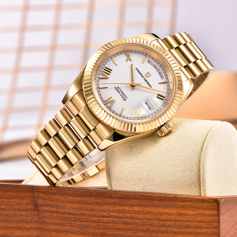 นาฬิกา Pagani ดีไซน์ใหม่ ปี 2025 รุ่น DD40 ซีรีส์สีทอง นาฬิกาอัตโนมัติสุดหรู กระจกแซฟไฟร์ AR นาฬิกาจักรกล ระบบ NH36A พร้อมวันที่ นาฬิกาข้อมือผู้ชาย