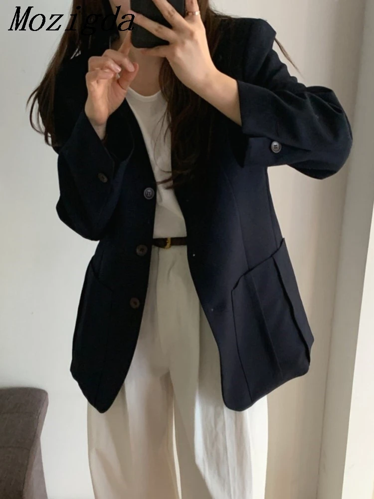 

Korean Chic Autumn Retro V-neck Single Breasted Large Pocket Casual Long Sleeved Suit Jacket Blazer Coat for Women