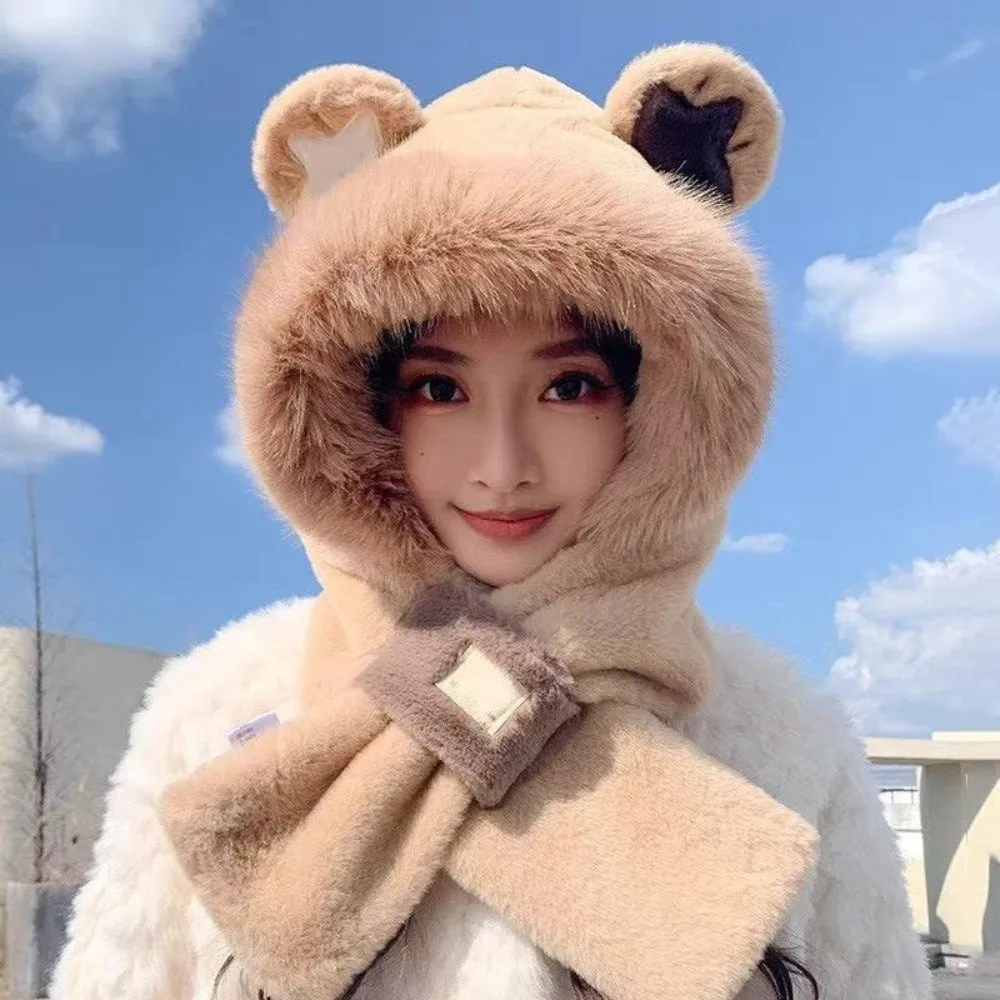 

Casual Bear Integrated Cap Scarf Warm Windproof Ear Protection Cap Thickening Beanie Hat Scarf for Women
