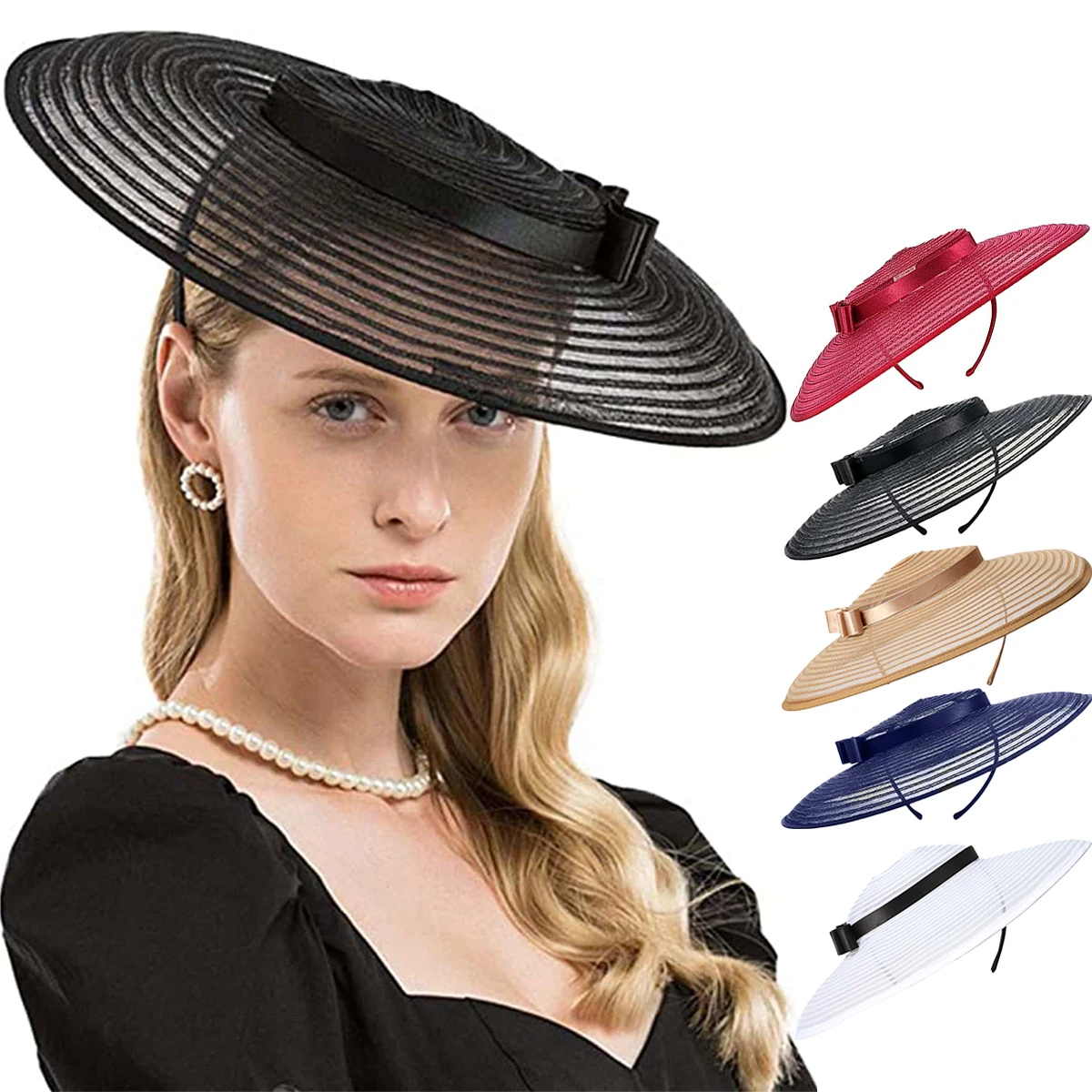 FS Luxury Black White Fascinators Wide Brim Church Hats For Women Elegant Kentucky Derby Hat With Bowknot Wedding Bride Cap 2024