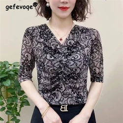 Women Korean Fashion Print Ruched Sexy Sheer Mesh Elegant Basic T-shirts Summer Casual V Neck Short Sleeve Slim Office Lady Tops