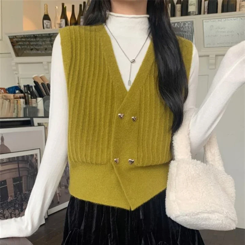 Winter Button Knitted Top for Women Brown V-neck Ladies Sweaters Vest Warm Thermal Blouse Tall Tops Crochet Trend 2024 Jersey