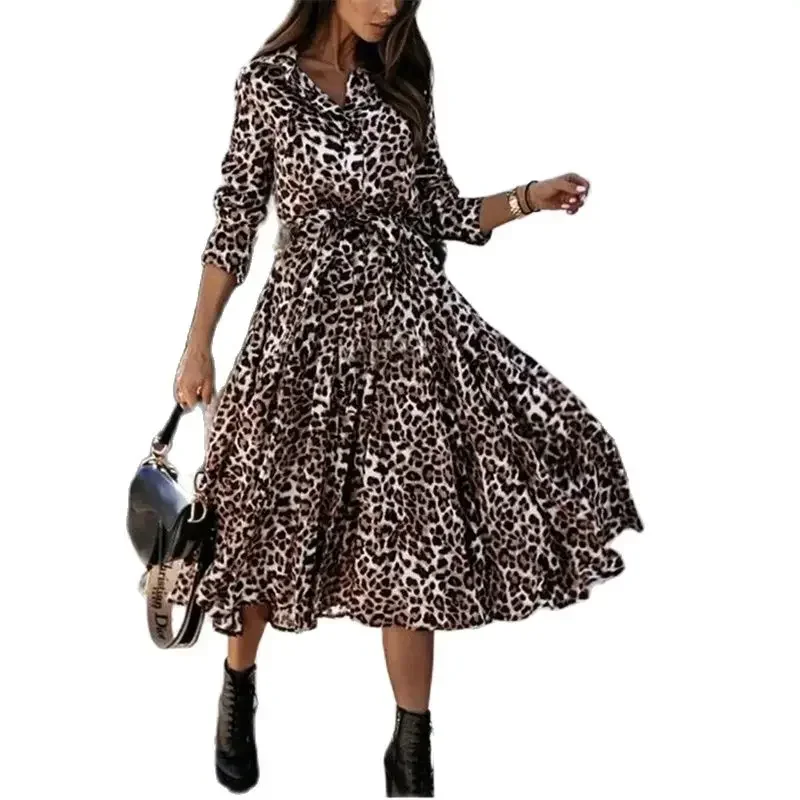 

2024 Fashion Leopard Print Dresses Women High Waist Lace-up Dress Long Sleeves Gown Female Autumn Casual Frock Trend Streetwear