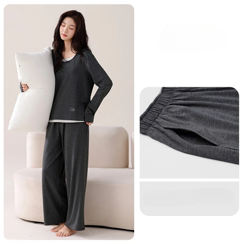 Primavera e outono feminino modal fino manga comprida novo casual pulôver de duas peças conjunto de terno para casa com almofada no peito pijamas