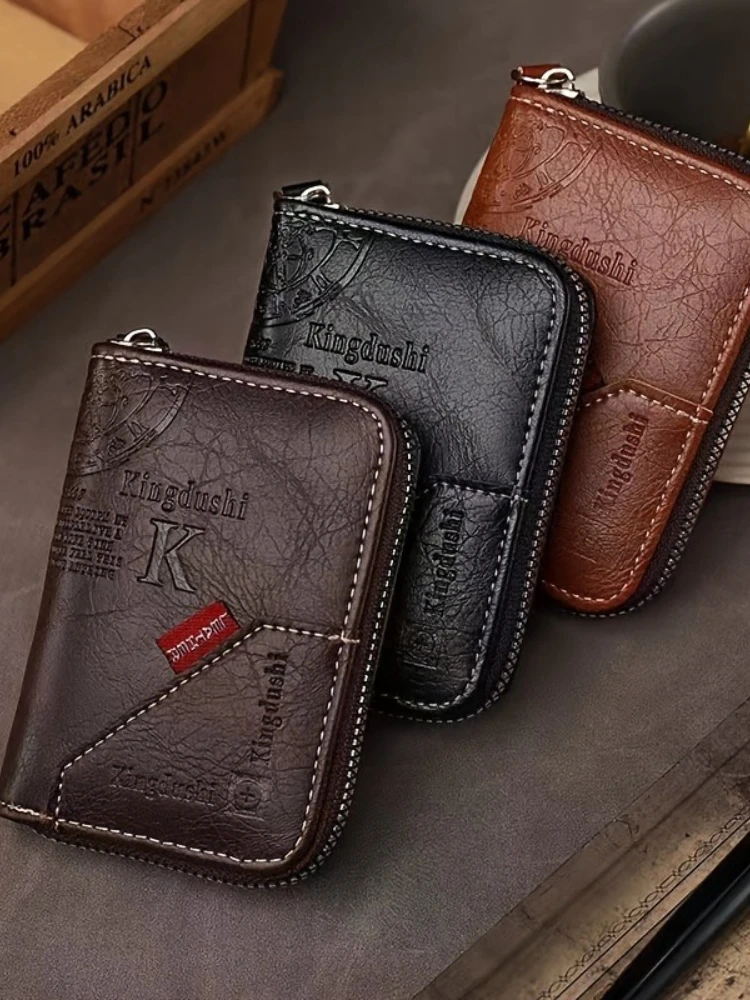 ​ ​ Portfel ze skóry PU w stylu vintage - cienki, z zamkiem błyskawicznym, blokujący RFID, 11 przegródek na karty, prezent w stylu retro dla mężczyzn i kobiet, klasyczny design. ​ — zdjęcie 2