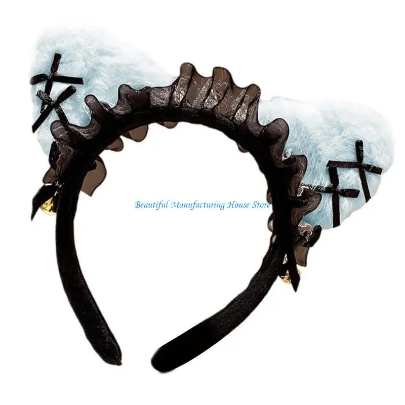 E56A Cats Women Headband Cosplay Costume Hairhoop with Bowknot & Bells for Masquerades Party Anime Headwear Roleplay Accessory