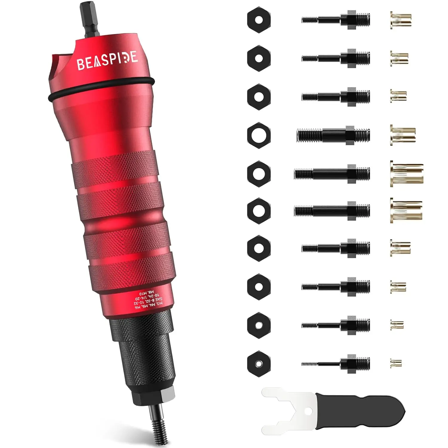 Cordless Drill Rivet Nut Adapter Kit with 10 Mandrels and 50 Assorted Nuts in Rugged Case