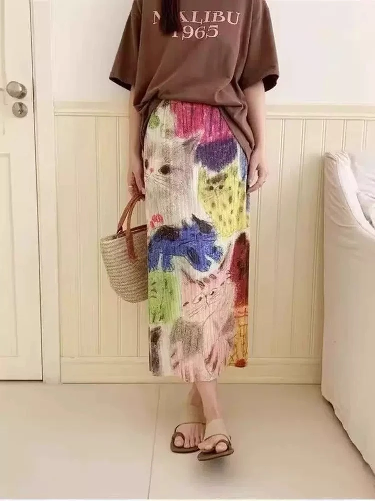Vintage Cartoon Printing Jupe Chic Korean Split Skirts For Women's 2026 Faldas Mujer De Moda Summer Pleated Skirt