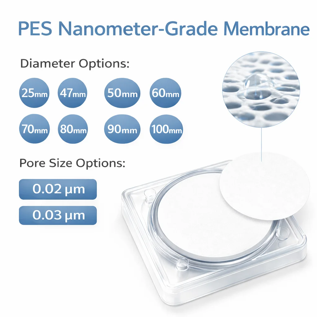 

Мембранный фильтр-диск из полиэтерсульфона (ПЭС) 0,02 мкм, 0,03 мкм, лабораторный класс, 47 мм, 50 мм, гидрофильный, с низкой адсорбцией белка