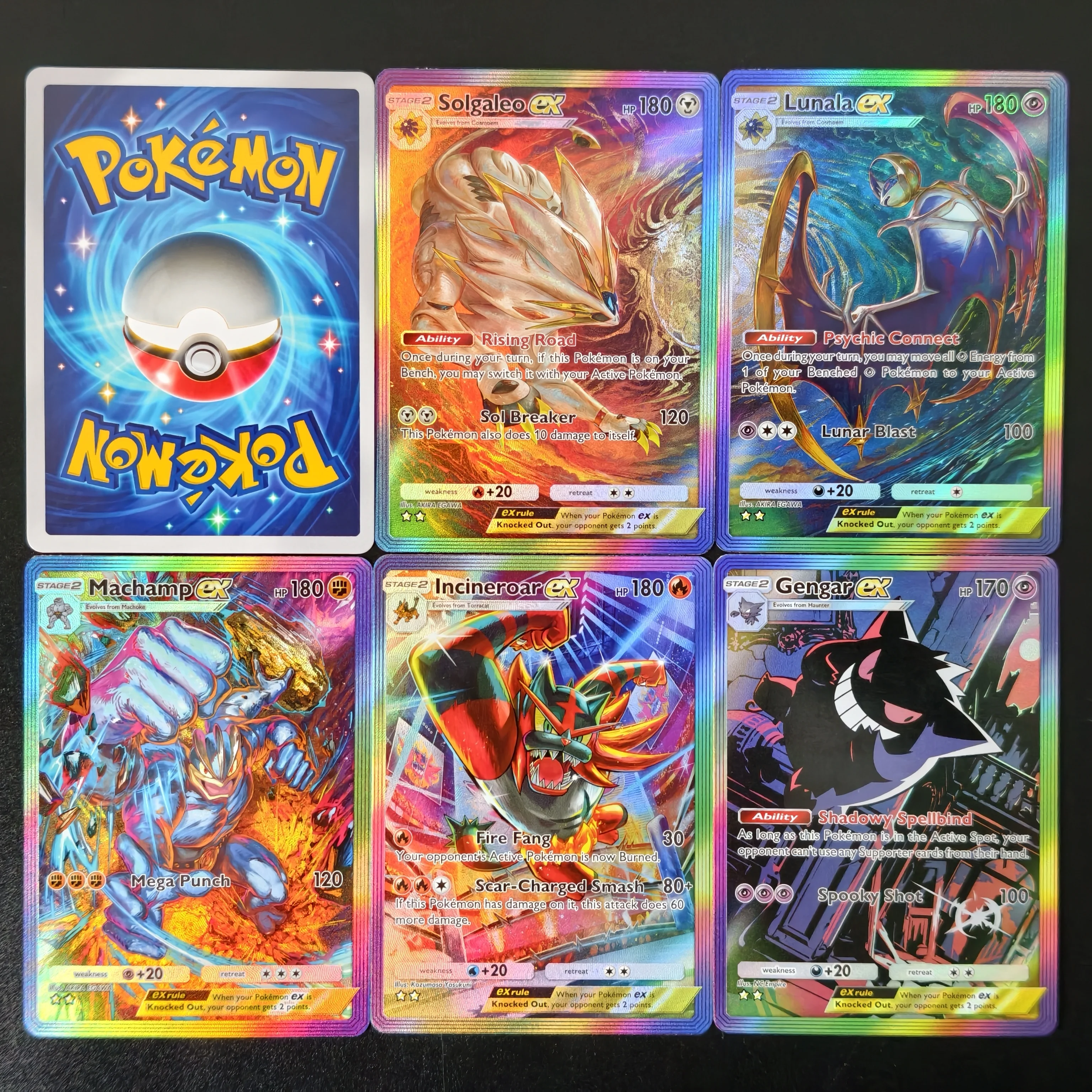 5PCS/Proxy TCG Karte PKM Pocket Solgaleo Lunala Incineroar Machamp EX Regenbogenrand Strukturierte Holo Selbstgemachte Karten