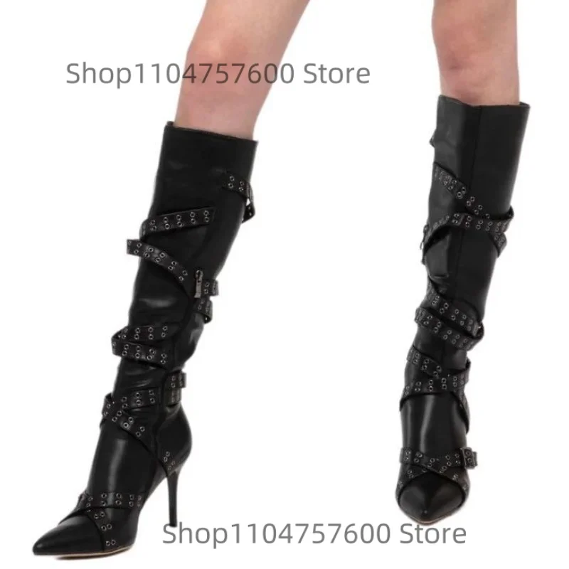 Nuevas botas de moto Retro con tiras para mujer, puntiagudas, tacón de aguja, remache, hebilla de cinturón, botas hasta la rodilla, zapatos de mujer de talla grande