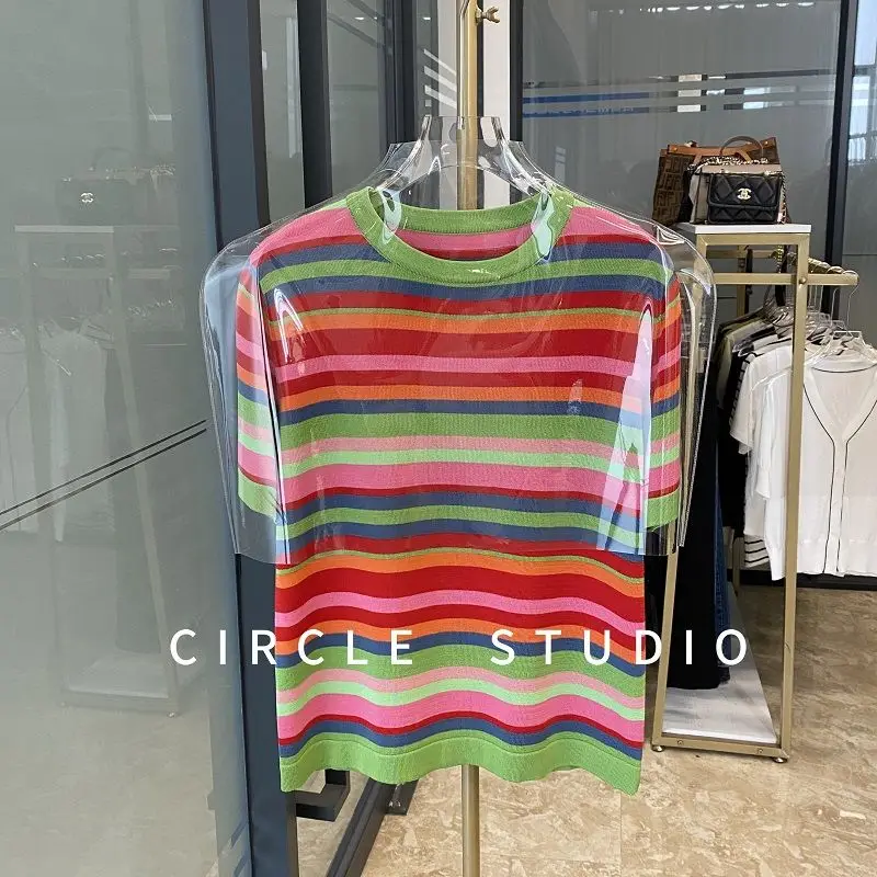 

French Young Style Refreshing Women Summer Fashionable Rainbow Color Collision Stripe Thin Style Round Neck Short Sleeve T-shirt