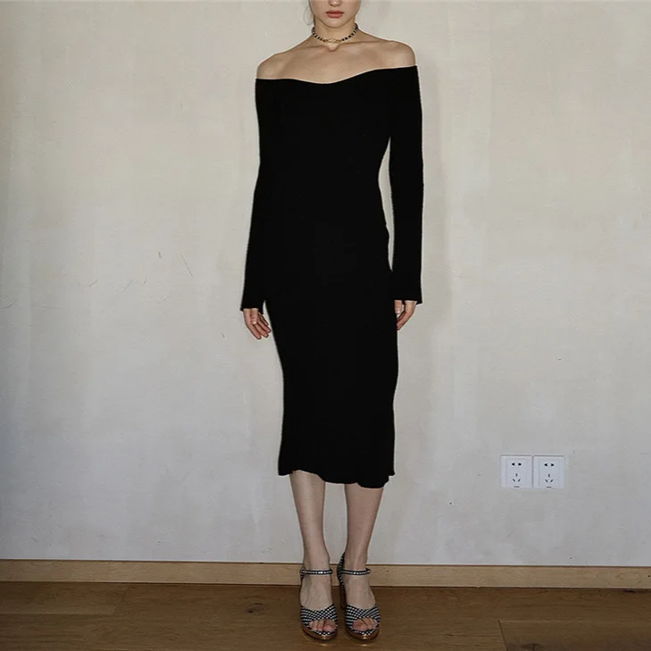 

7894 Spring Sexy Deep V-Neck Off-Shoulder Waist-Cinching Slimming Split Knitted Inner Long Dress