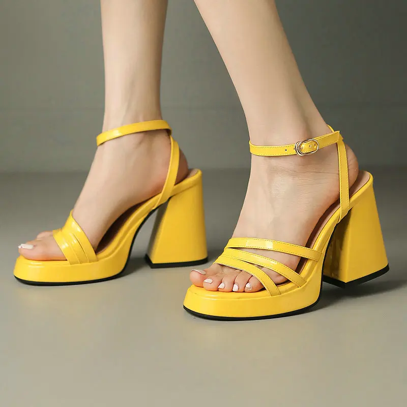 Bright Green Yellow Colorful Pink Open Toe Ankle Strap Lady Dress Pumps Platform Shoes Sexy Chunky High Heels Sandals For Women