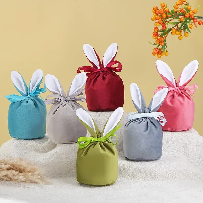 20pcs New Easter Bunny Gift Bags Rabbit Ears Velvet Pouches Candy Cookies Easter Egg Packaging Bag Easter Party Decorations - Detail 1