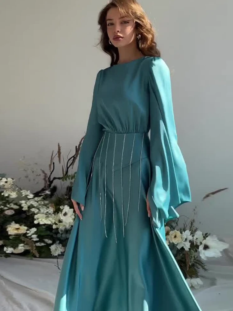 Robe Longue en Satin à Manches Évasées et Col Rond pour Femme, Tenue Élégante et Sexy de Soirée, Nouvelle Collection Printemps 2024