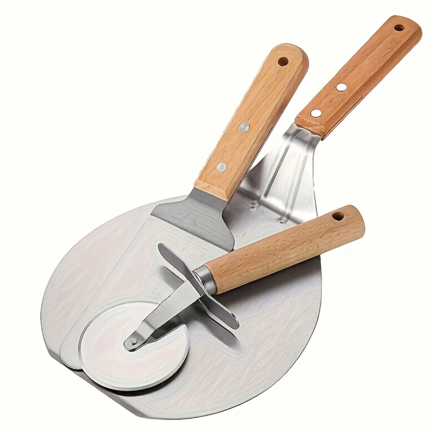 3pcs Ultimate 3-in-1 Ergonomic Pizza Cutter Wheel & Cake Spatula Set - Premium Stainless Steel,  Wooden Handle - Essential Acces